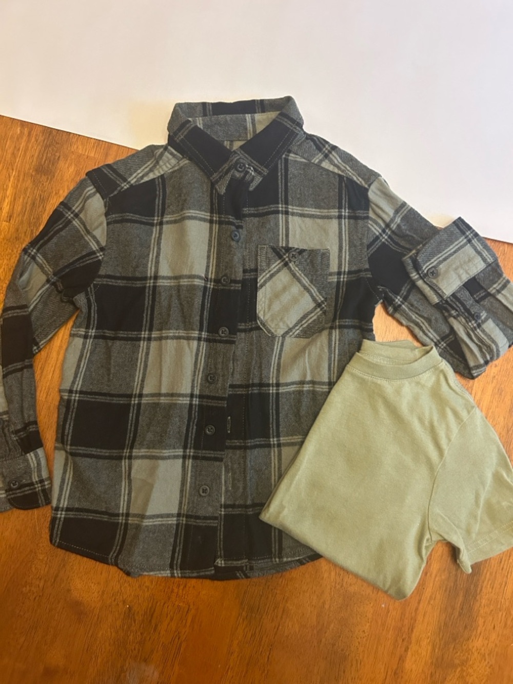 Plaid Button-Down Flannel + Shirt Set Black and Olive  | Boys XS (4-5)